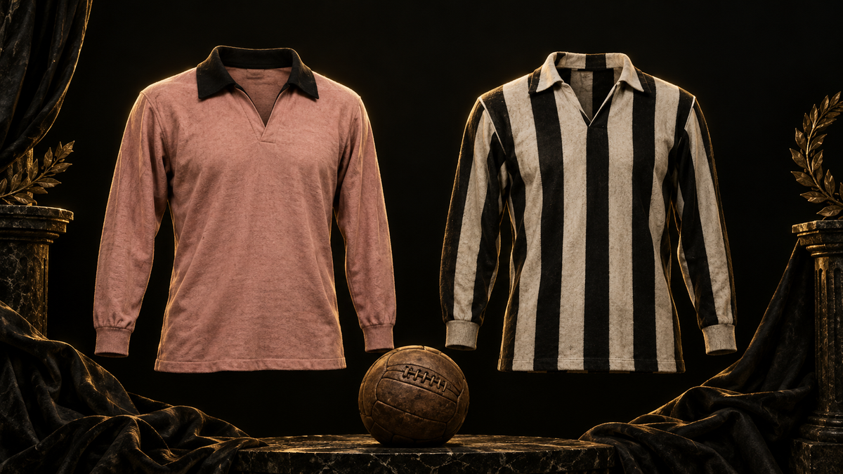 Illustration éditoriale : un maillot rose et un maillot à rayures noires et blanches évoquent l’histoire de la Juventus