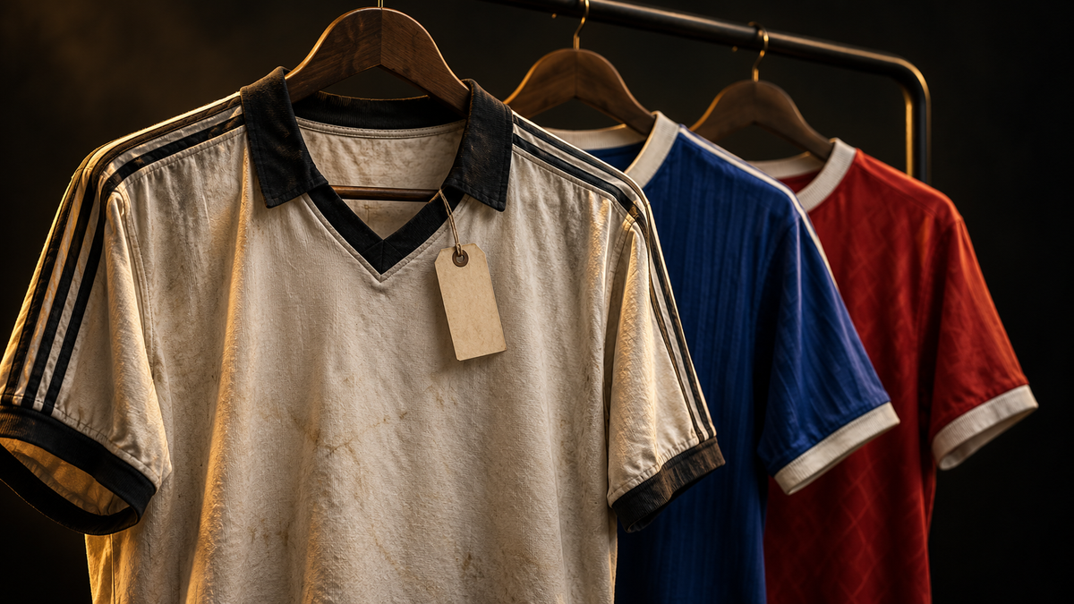 Three football shirts from different eras on a dark rail, illustrating a second-hand buying guide