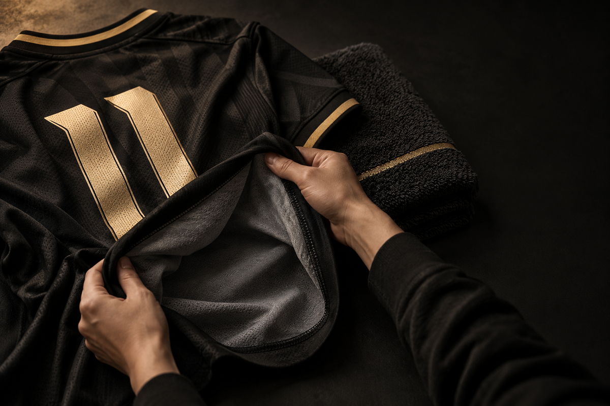 Maillot de football noir et doré retourné avec précaution pour protéger son flocage avant lavage