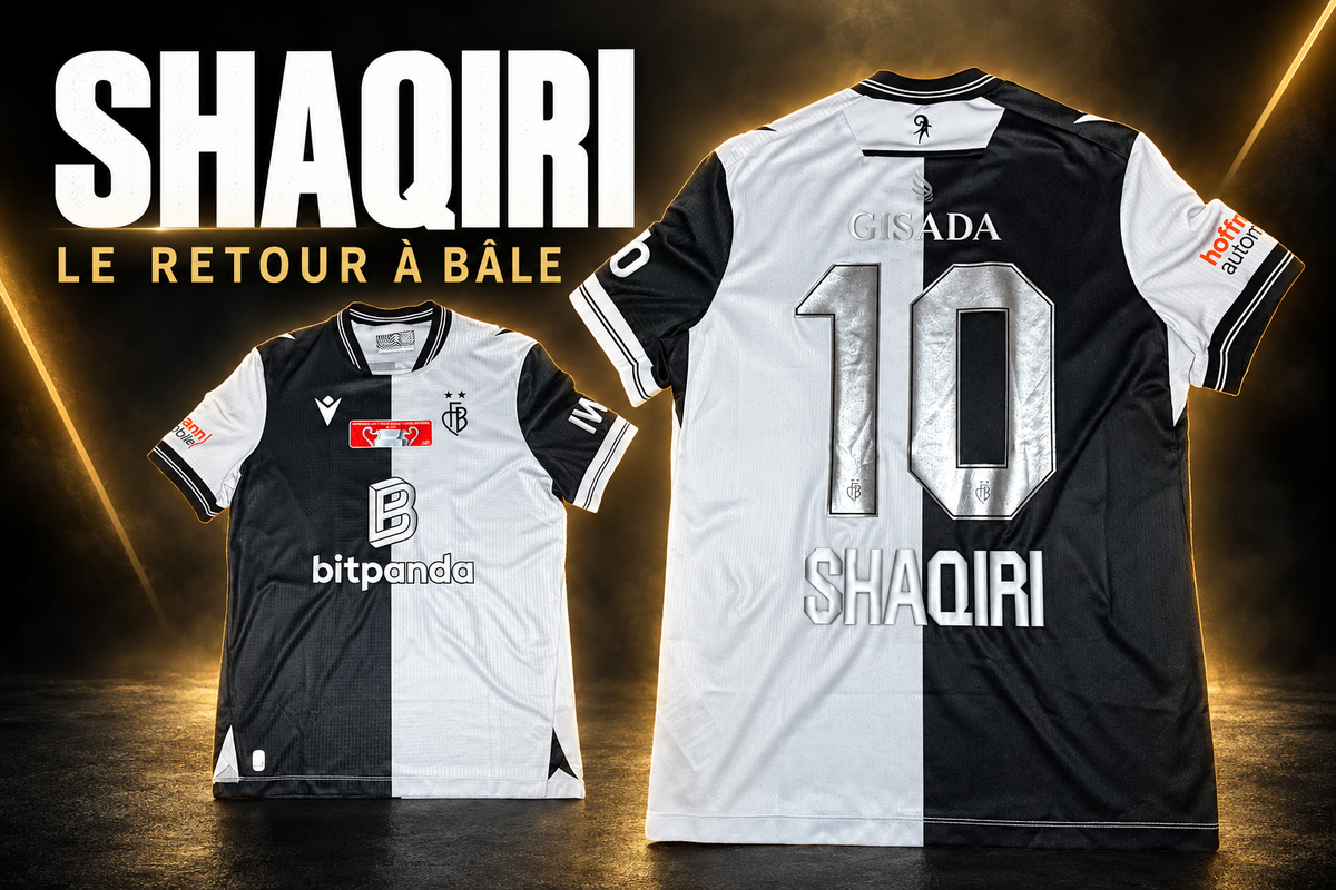 Maillot FC Bâle Third 2025/26 Shaqiri numéro 10, vues avant et arrière sur fond noir et doré